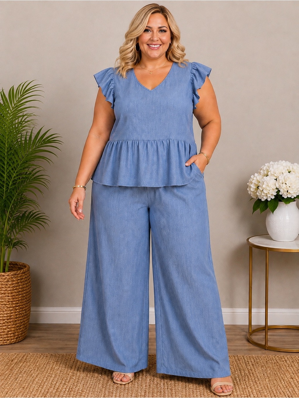 SHEIN Curve 2XL NWOT Blue Peplum 2-Piece Wide-Leg Pants Set